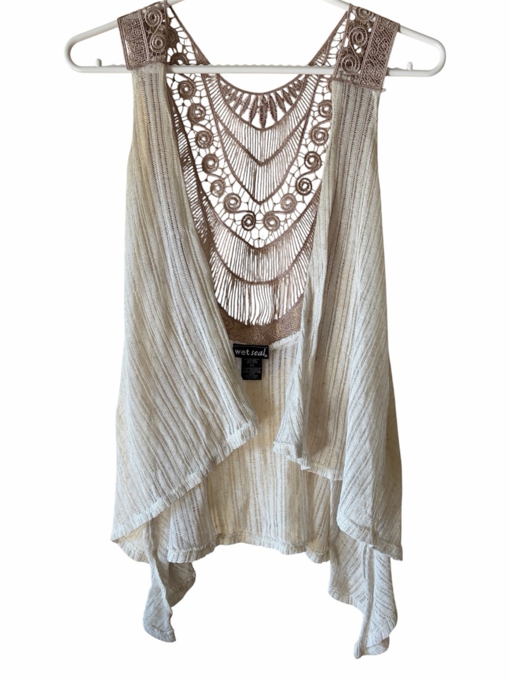 Wet Seal Open Sleeveless Cardigan Y2K Cream Crochet Boho Beachy Festival Layer